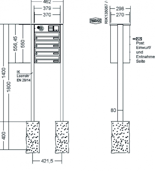 RENZ Briefkastenanlage freistehend, Basic B, Edelstahl V4A, Kastenformat 370x110x270mm, mit Klingel - & Lichttaster und Vorbereitung Gegensprechanlage, 4-teilig, zum Einbetonieren
